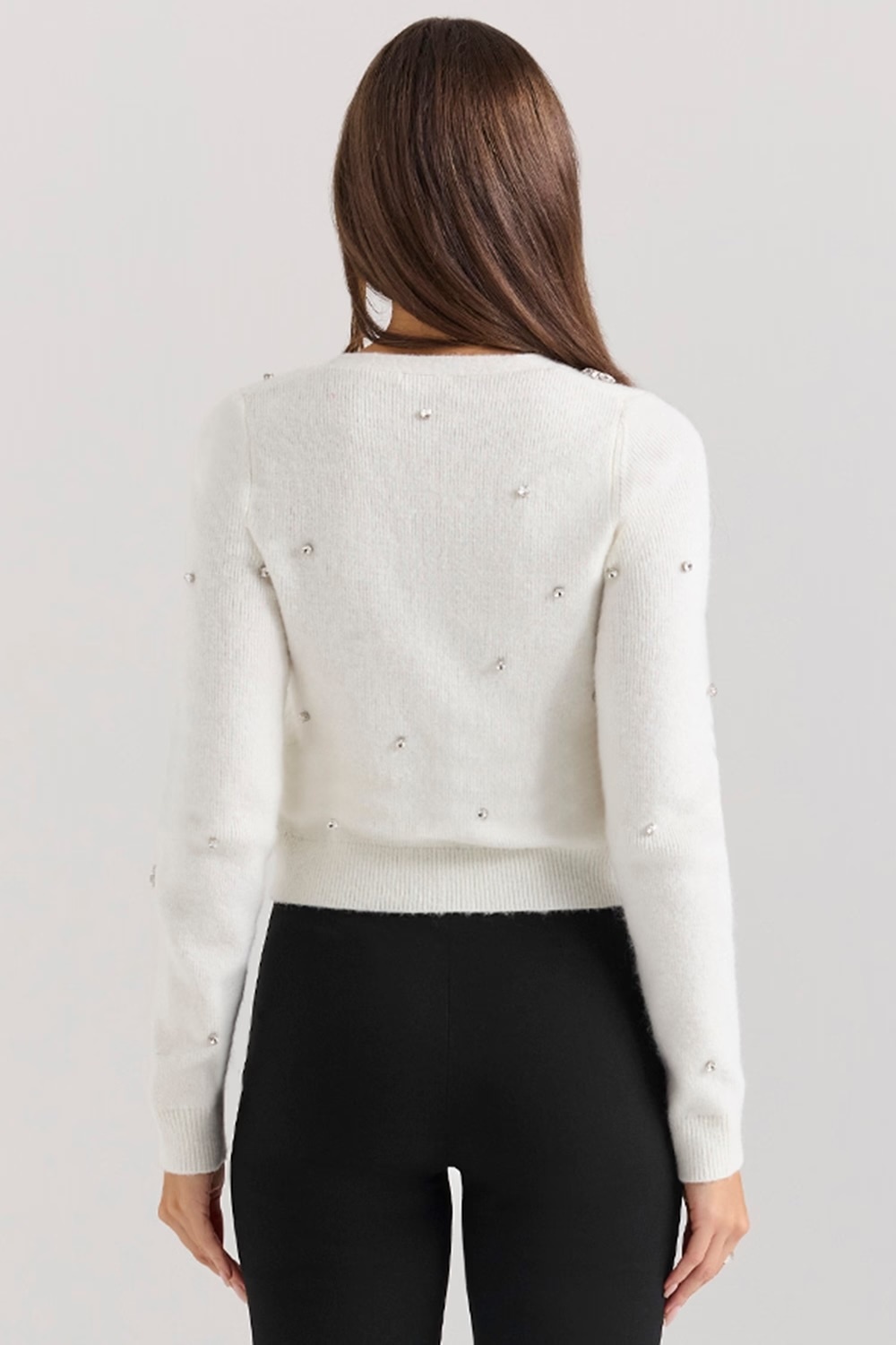 Wholesale Women’s Pearl & Crystal Embellished Cardigan with Bow – Elegant White Knit