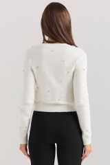 Wholesale Women’s Pearl & Crystal Embellished Cardigan with Bow – Elegant White Knit