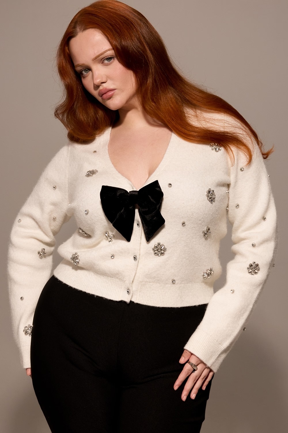 Wholesale Women’s Pearl & Crystal Embellished Cardigan with Bow – Elegant White Knit