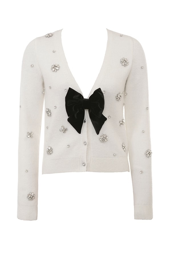 Wholesale Women’s Pearl & Crystal Embellished Cardigan with Bow – Elegant White Knit