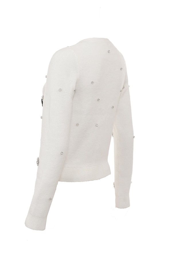 Wholesale Women’s Pearl & Crystal Embellished Cardigan with Bow – Elegant White Knit