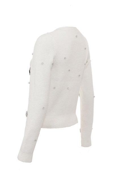 Wholesale Women’s Pearl & Crystal Embellished Cardigan with Bow – Elegant White Knit