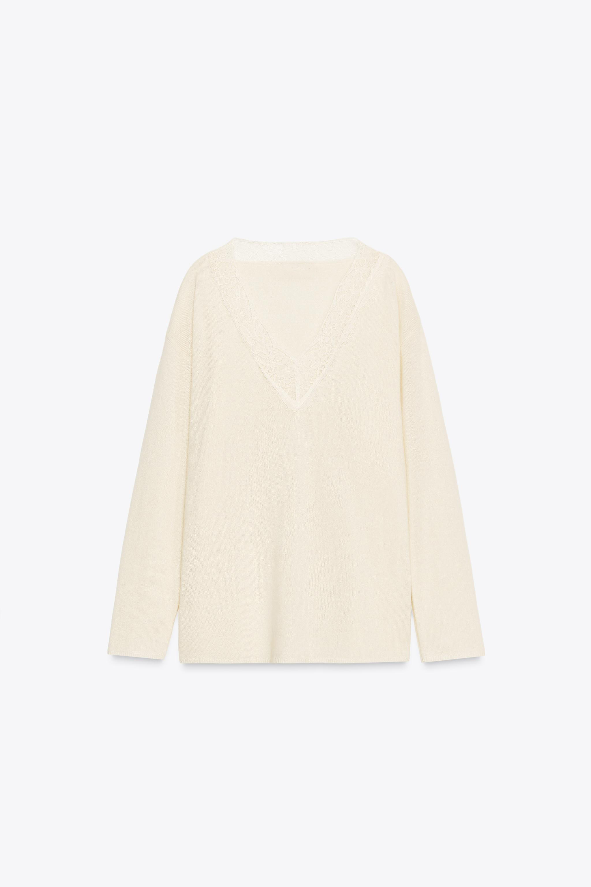 Customized Women’s Oversized V-Neck Sweater with Lace Trim – Cream Knit