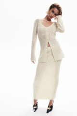 OEM ODM White Ribbed Knit Cardigan and Skirt Set with sequin