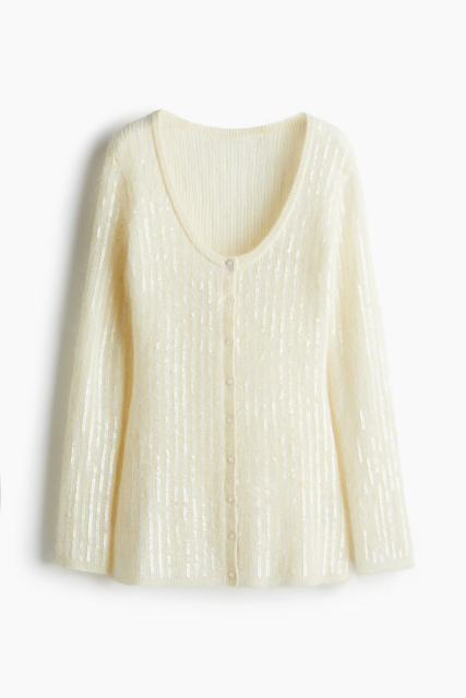 OEM ODM White Ribbed Knit Cardigan and Skirt Set with sequin