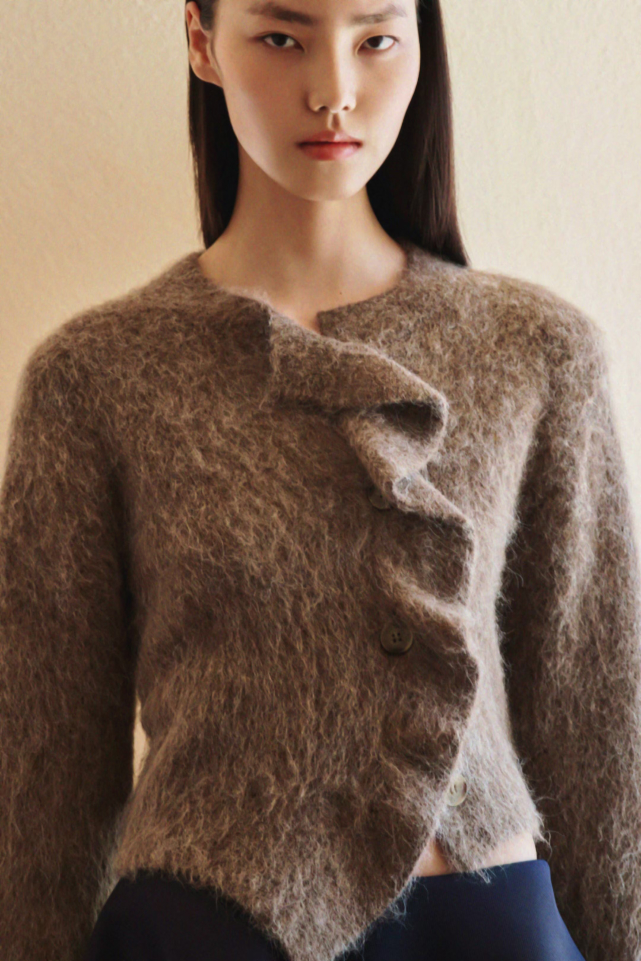 Custom Design Asymmetrical Ruffle Mohair Knit Cardigan