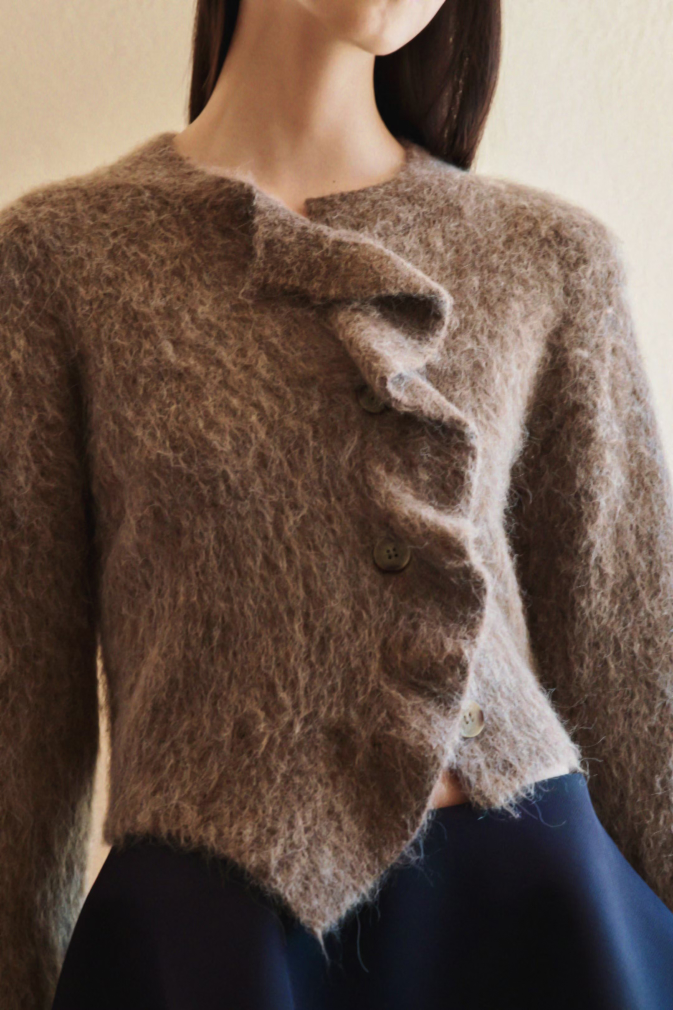 Custom Design Asymmetrical Ruffle Mohair Knit Cardigan