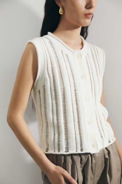 Personalized Sleeveless Open-Knit Cardigan with Button Front