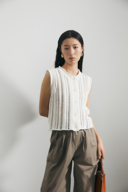 Personalized Sleeveless Open-Knit Cardigan with Button Front