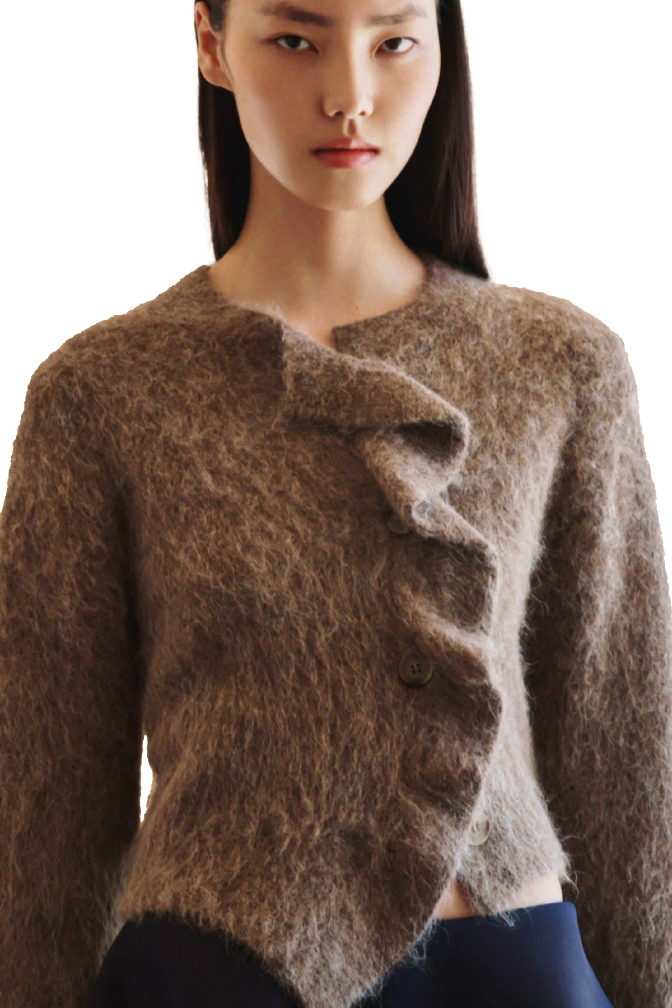 Custom Design Asymmetrical Ruffle Mohair Knit Cardigan