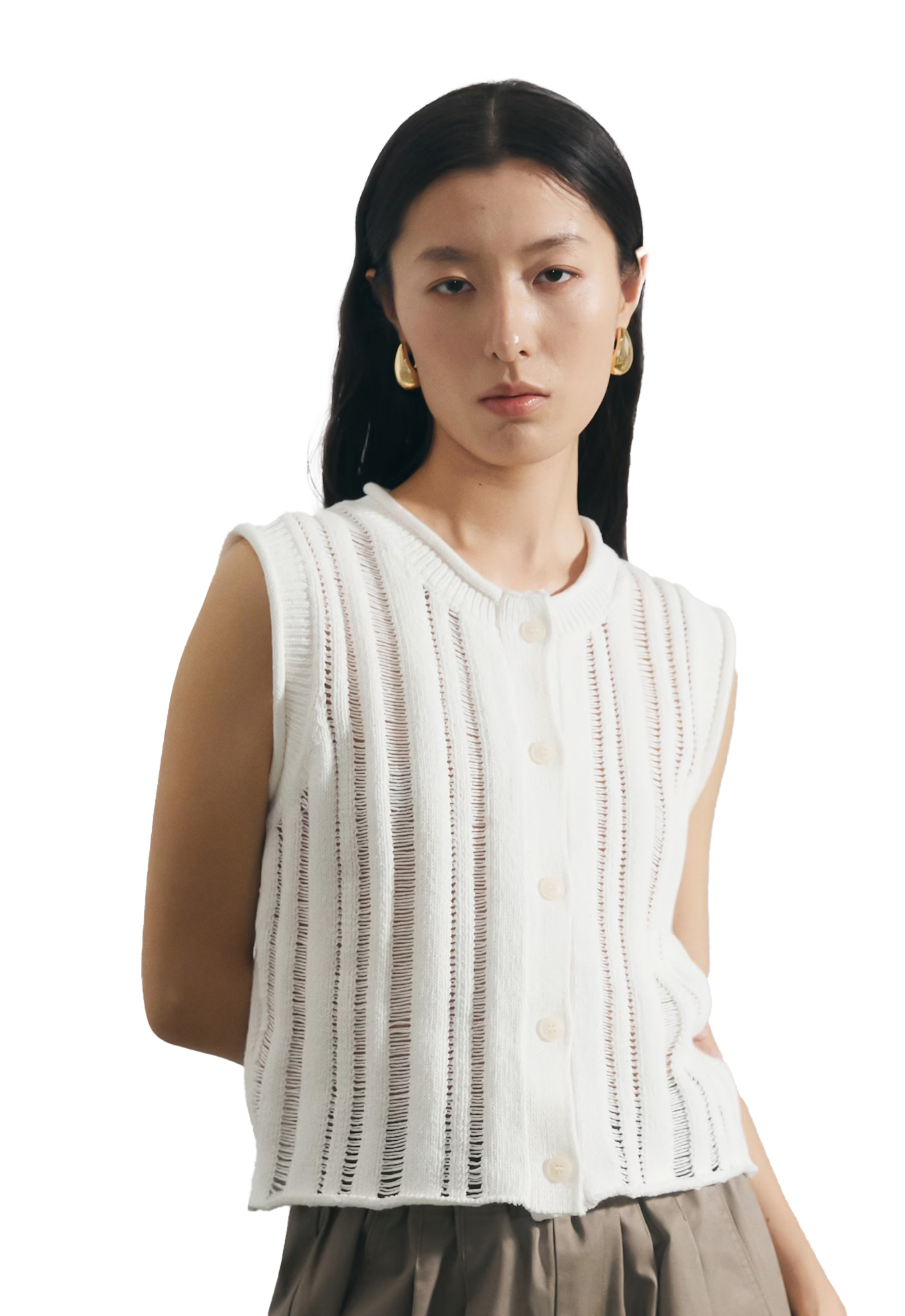 Personalized Sleeveless Open-Knit Cardigan with Button Front