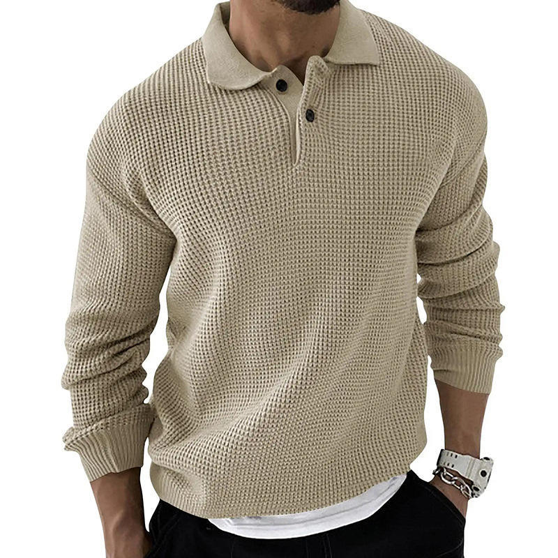 Personalized Men’s Casual Waffle Knit Polo Sweater – Long Sleeve Pullover