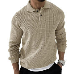 Personalized Men’s Casual Waffle Knit Polo Sweater – Long Sleeve Pullover
