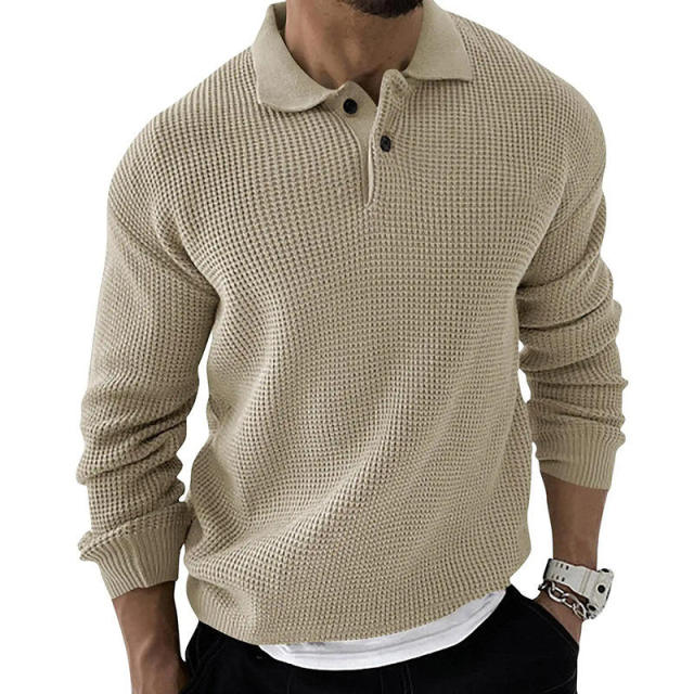 Personalized Men’s Casual Waffle Knit Polo Sweater – Long Sleeve Pullover