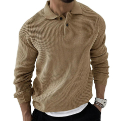 Personalized Men’s Casual Waffle Knit Polo Sweater – Long Sleeve Pullover