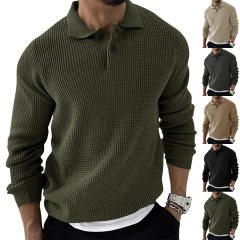 Personalized Men’s Casual Waffle Knit Polo Sweater – Long Sleeve Pullover