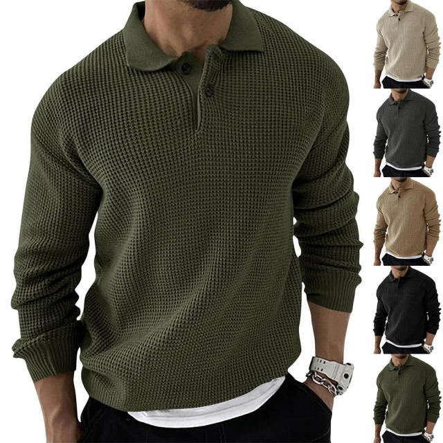 Personalized Men’s Casual Waffle Knit Polo Sweater – Long Sleeve Pullover