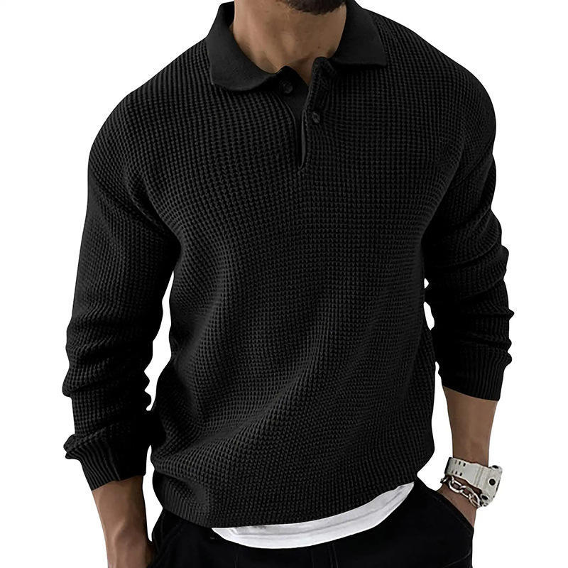 Personalized Men’s Casual Waffle Knit Polo Sweater – Long Sleeve Pullover