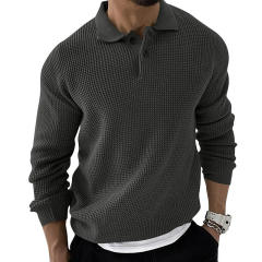 Personalized Men’s Casual Waffle Knit Polo Sweater – Long Sleeve Pullover