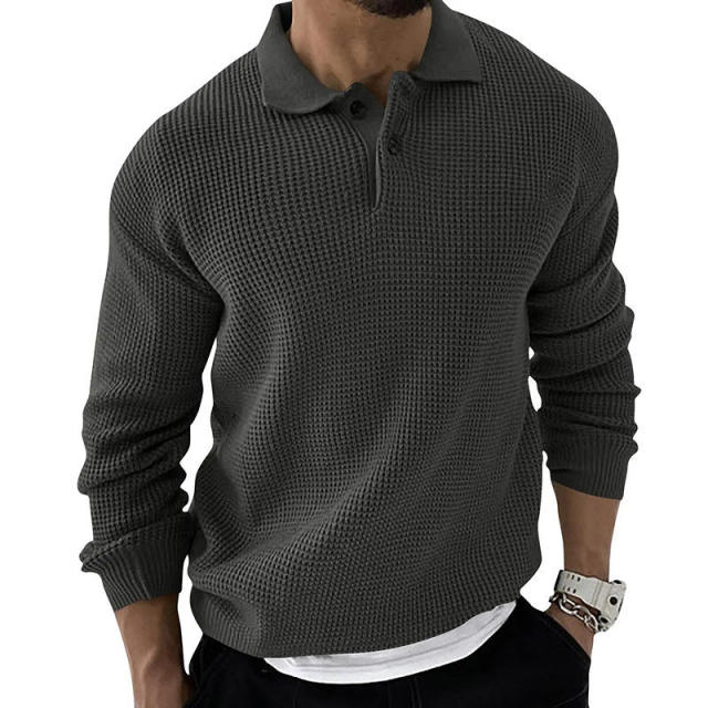 Personalized Men’s Casual Waffle Knit Polo Sweater – Long Sleeve Pullover