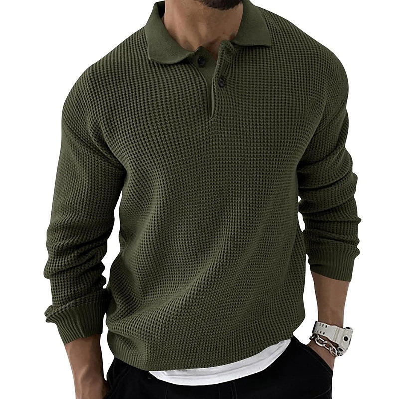 Personalized Men’s Casual Waffle Knit Polo Sweater – Long Sleeve Pullover