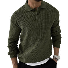 Personalized Men’s Casual Waffle Knit Polo Sweater – Long Sleeve Pullover