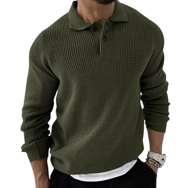 Personalized Men’s Casual Waffle Knit Polo Sweater – Long Sleeve Pullover
