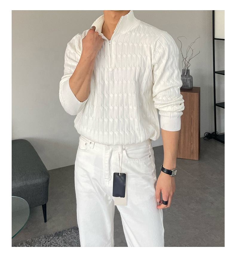 Customized Men’s White Half-Zip Cable Knit Sweater – Modern Slim Fit Pullover