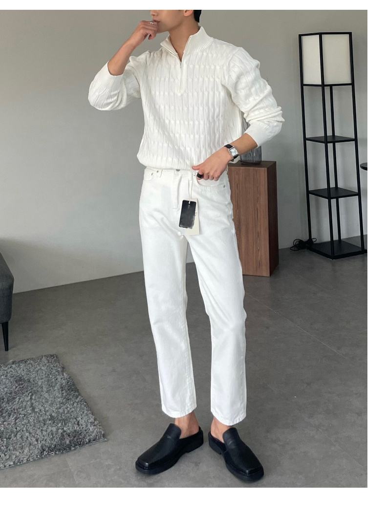 Customized Men’s White Half-Zip Cable Knit Sweater – Modern Slim Fit Pullover