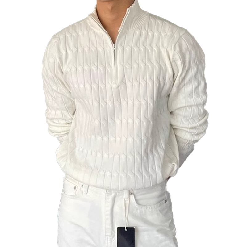 Customized Men’s White Half-Zip Cable Knit Sweater – Modern Slim Fit Pullover