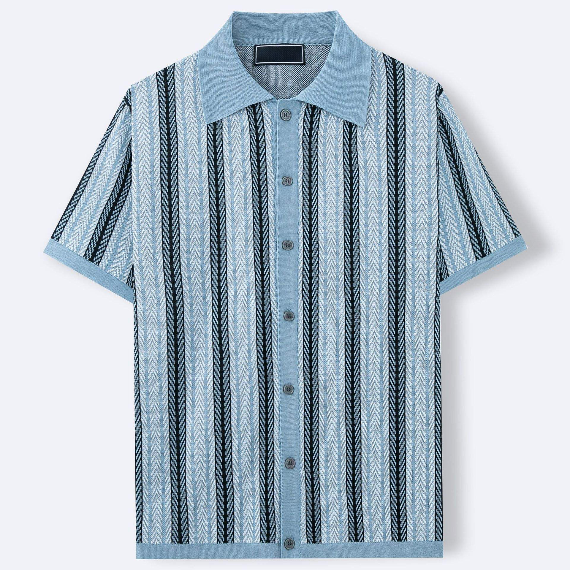 Customized Men’s Brown Striped Knit Short-Sleeve Polo Shirt – Retro Button-Up Casual Top