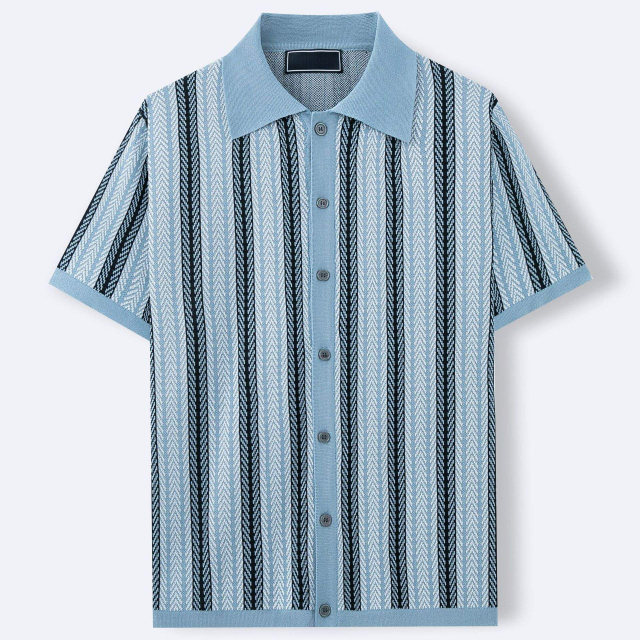 Customized Men’s Brown Striped Knit Short-Sleeve Polo Shirt – Retro Button-Up Casual Top