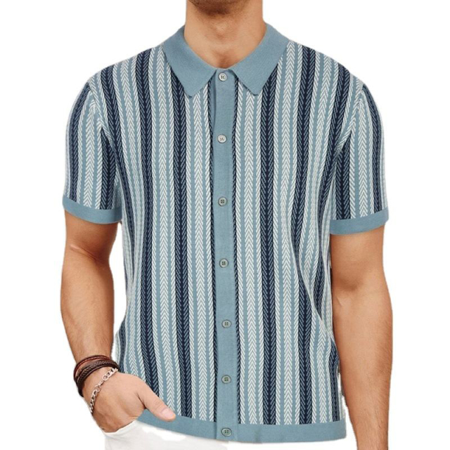 Customized Men’s Brown Striped Knit Short-Sleeve Polo Shirt – Retro Button-Up Casual Top