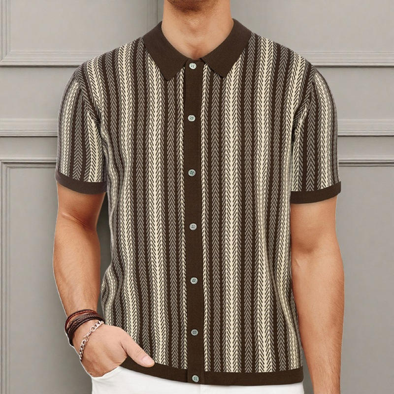 Customized Men’s Brown Striped Knit Short-Sleeve Polo Shirt – Retro Button-Up Casual Top