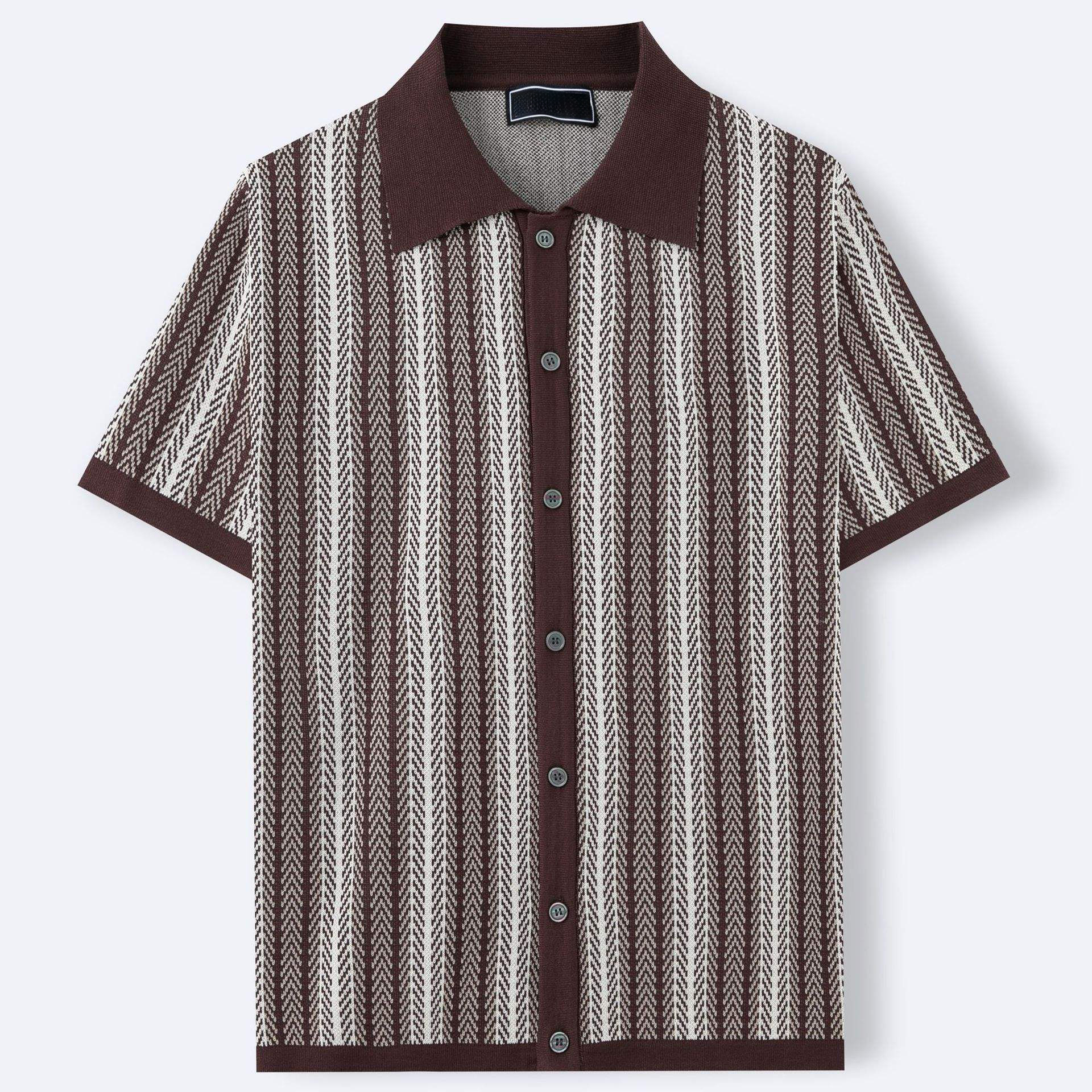 Customized Men’s Brown Striped Knit Short-Sleeve Polo Shirt – Retro Button-Up Casual Top