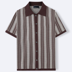 Customized Men’s Brown Striped Knit Short-Sleeve Polo Shirt – Retro Button-Up Casual Top