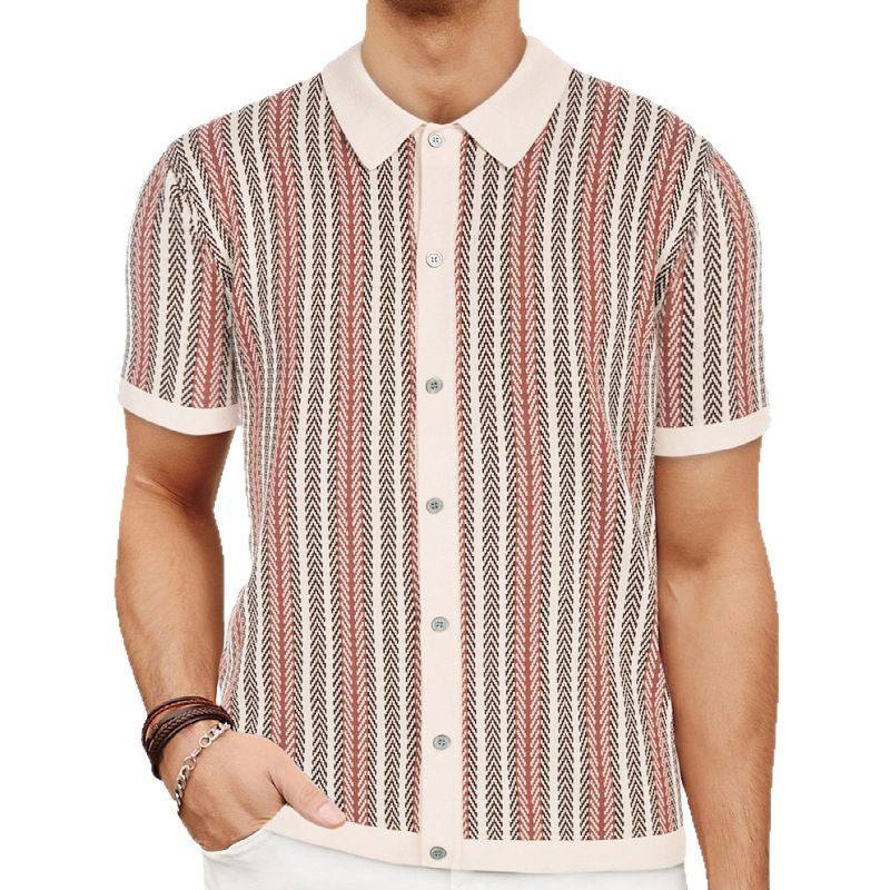 Customized Men’s Brown Striped Knit Short-Sleeve Polo Shirt – Retro Button-Up Casual Top