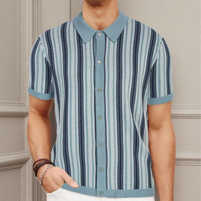 Customized Men’s Brown Striped Knit Short-Sleeve Polo Shirt – Retro Button-Up Casual Top