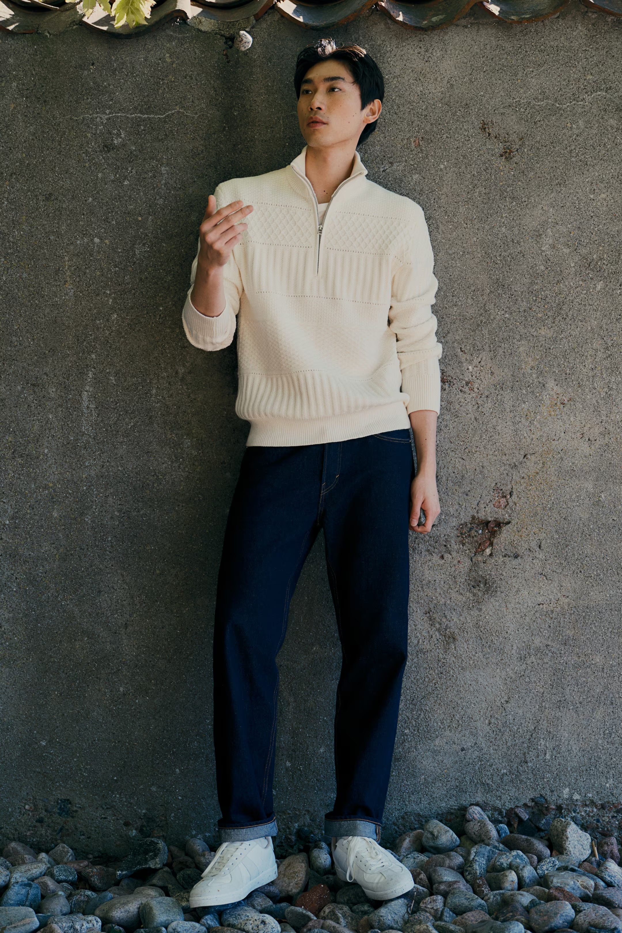 Custom Design Quarter-Zip Textured Knit Sweater (Cream)