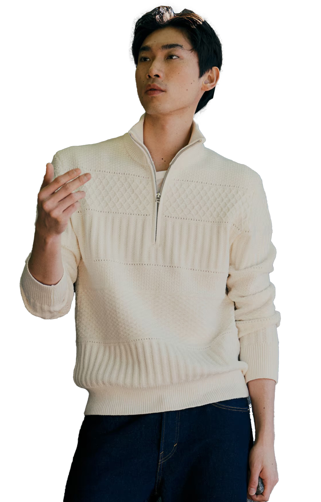 Custom Design Quarter-Zip Textured Knit Sweater (Cream)