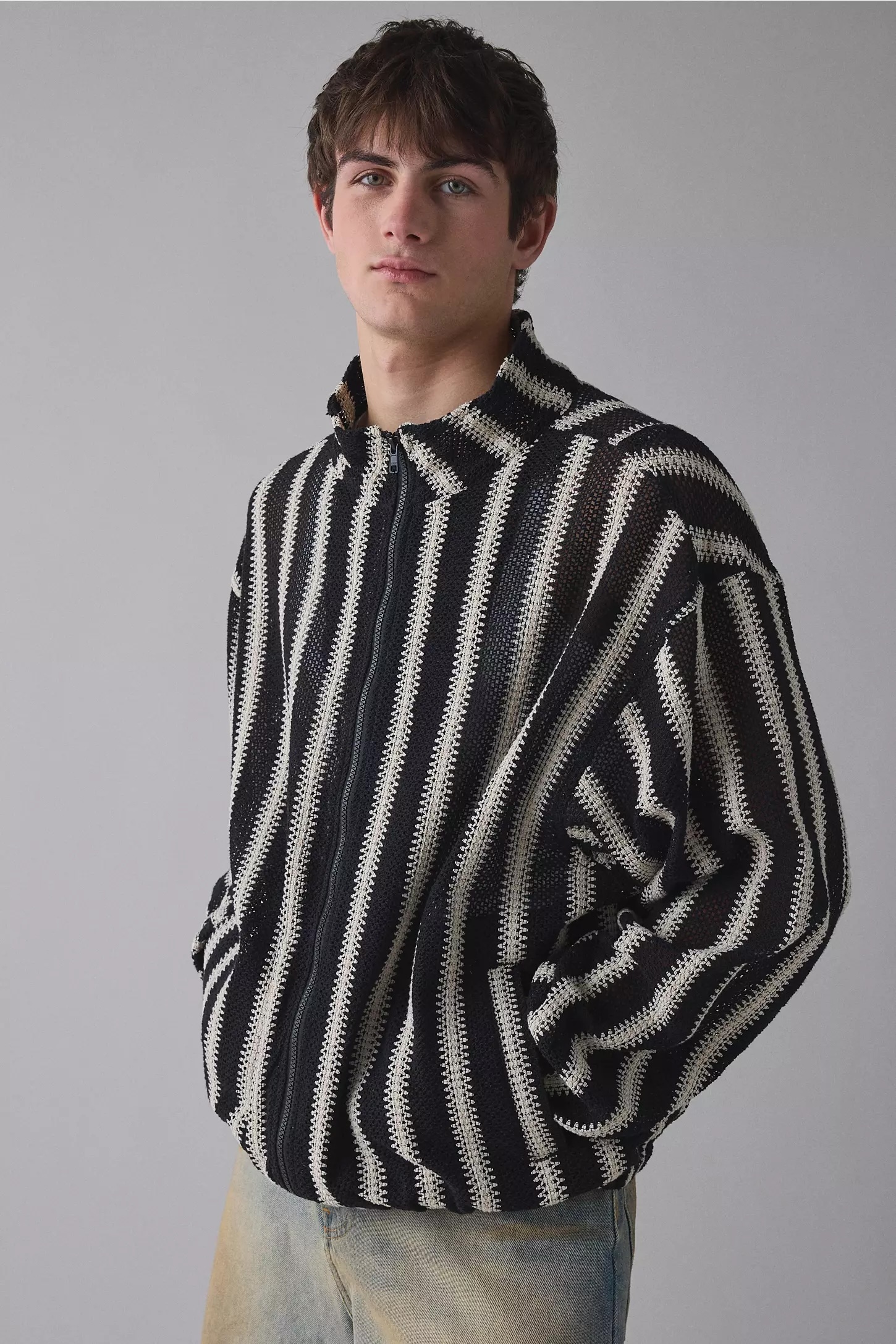 Wholesale Striped Knit Zip-Up Hoodie for Men