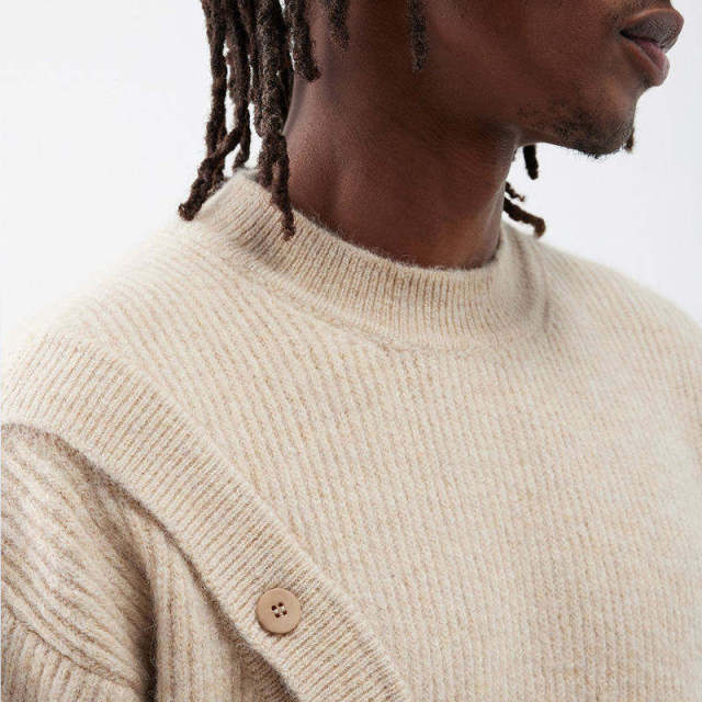 Custom Design Asymmetric Button Wool-Blend Sweater – Sand Beige