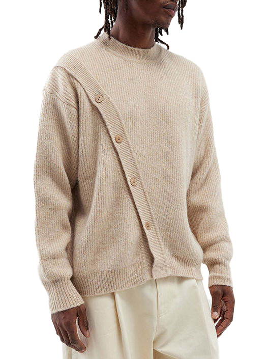 Custom Design Asymmetric Button Wool-Blend Sweater – Sand Beige