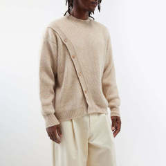 Custom Design Asymmetric Button Wool-Blend Sweater – Sand Beige