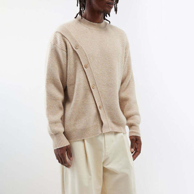Custom Design Asymmetric Button Wool-Blend Sweater – Sand Beige
