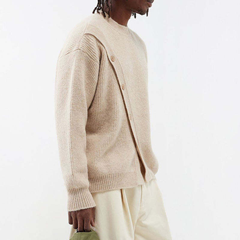 Custom Design Asymmetric Button Wool-Blend Sweater – Sand Beige