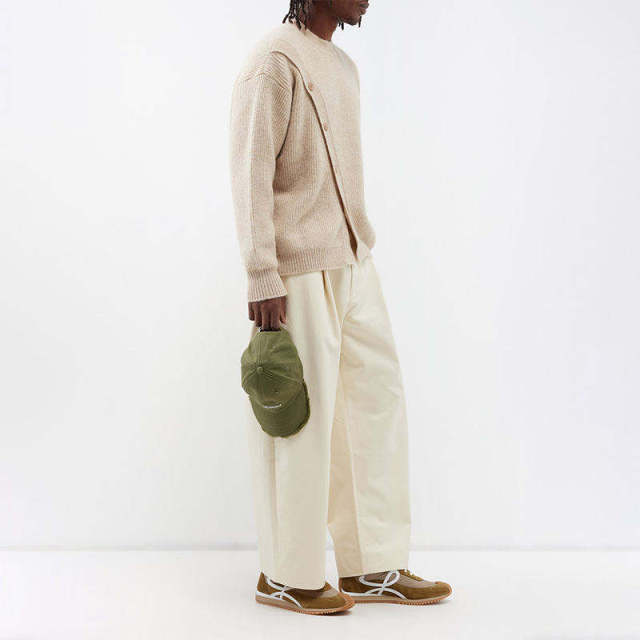 Custom Design Asymmetric Button Wool-Blend Sweater – Sand Beige