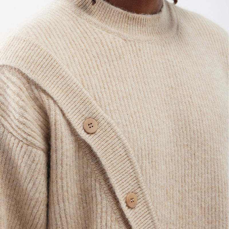 Custom Design Asymmetric Button Wool-Blend Sweater – Sand Beige
