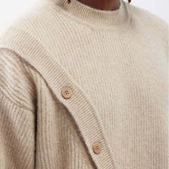 Custom Design Asymmetric Button Wool-Blend Sweater – Sand Beige