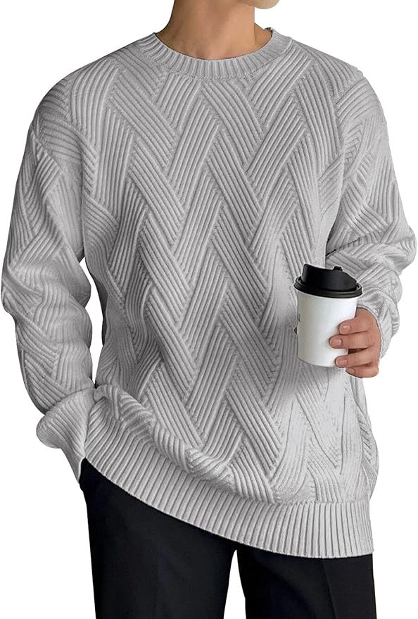 Factory Direct Herringbone Knit Crew Neck Sweater for Men – Light Grey